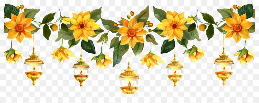 Karangan Bunga Marigold Diwali，Bunga Dan Lentera PNG