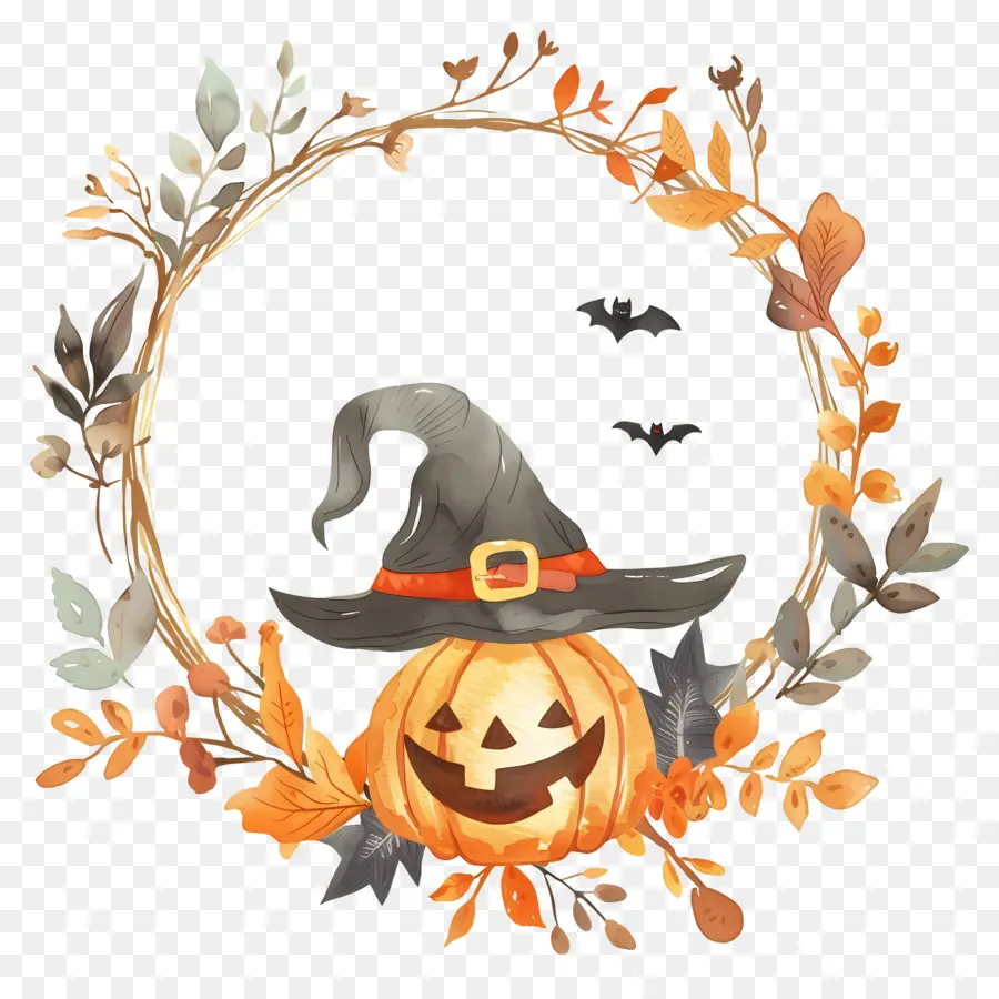 Karangan Bunga Halloween，Labu Dengan Topi Penyihir PNG