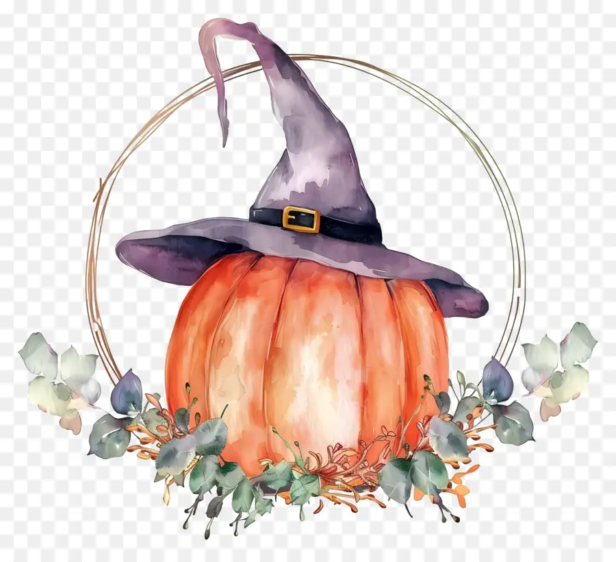 Karangan Bunga Halloween，Labu Dengan Topi Penyihir PNG