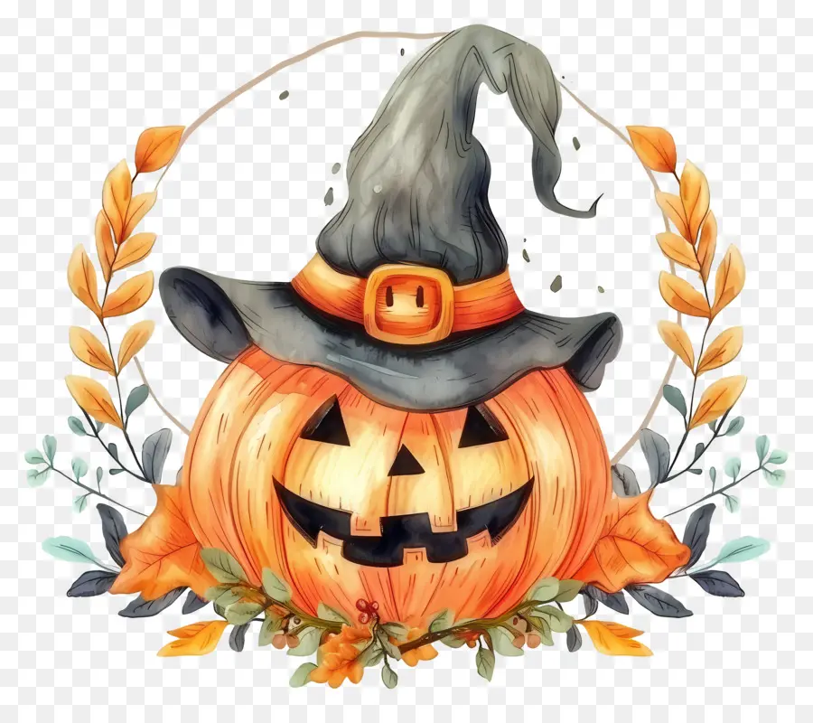 Karangan Bunga Halloween，Labu Dengan Topi Penyihir PNG