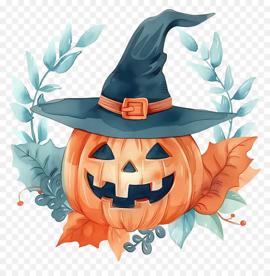 Karangan Bunga Halloween，Labu Dengan Topi Penyihir PNG