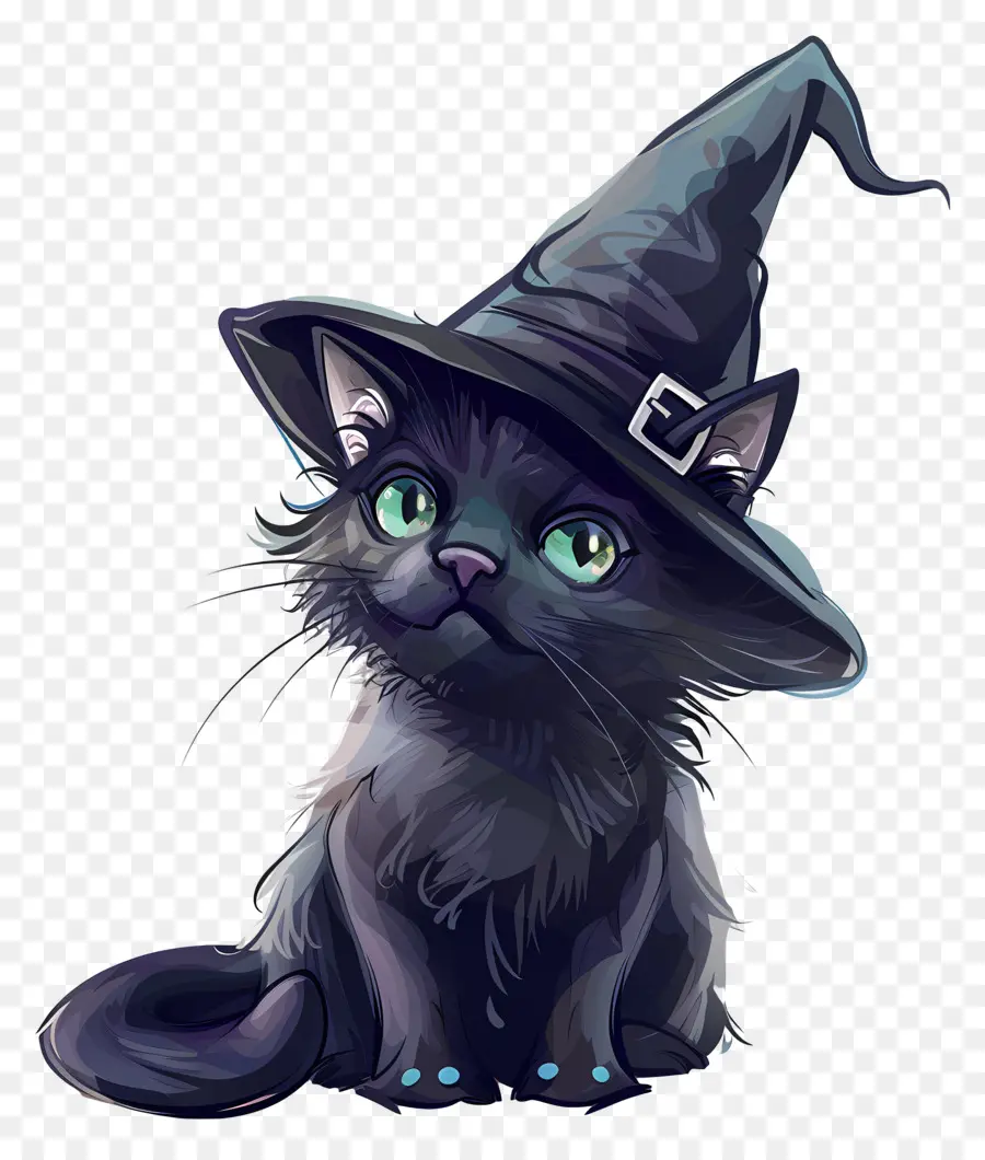 Kucing Halloween，Kucing Hitam Dengan Topi Penyihir PNG