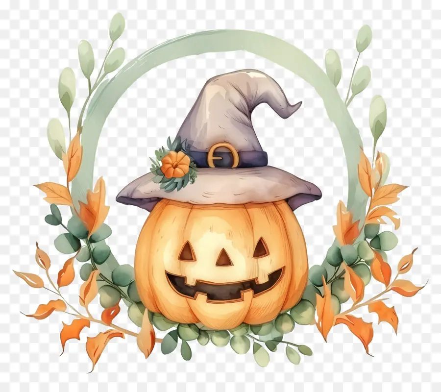 Karangan Bunga Halloween，Labu Dengan Topi Penyihir PNG