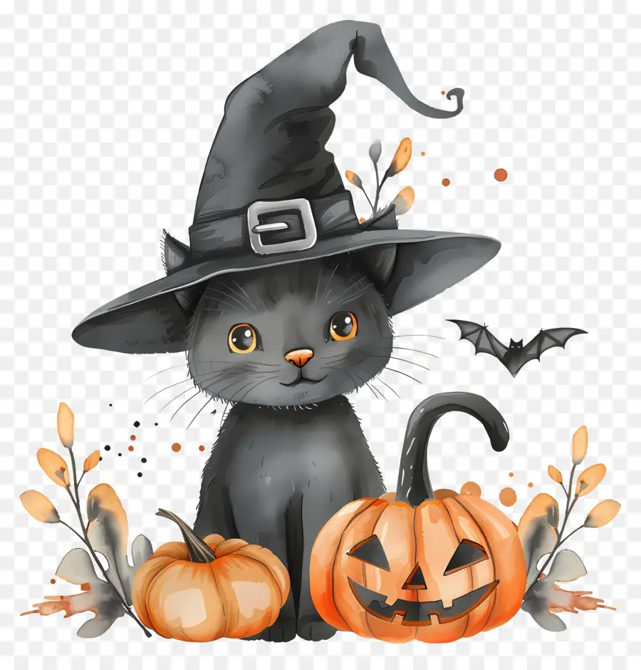 Kucing Halloween，Kucing Hitam Dengan Labu PNG