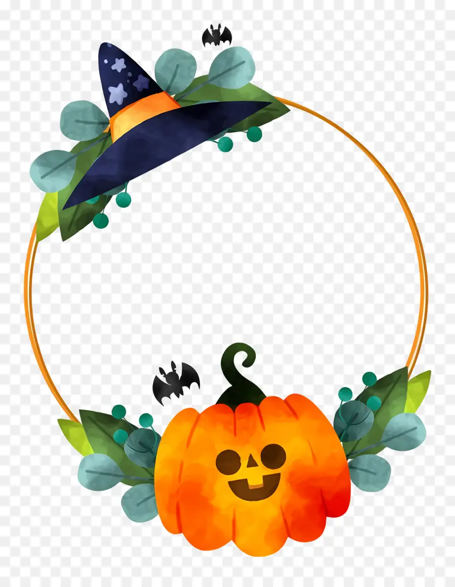 Karangan Bunga Halloween，Labu Dengan Topi Penyihir PNG