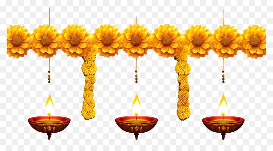 Karangan Bunga Marigold Diwali，Bunga Dan Lampu Kuning PNG