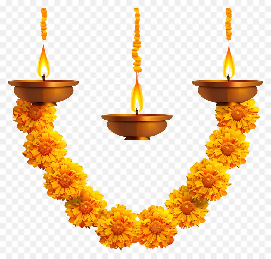 Karangan Bunga Marigold Diwali，Karangan Bunga Kuning Dan Lampu PNG