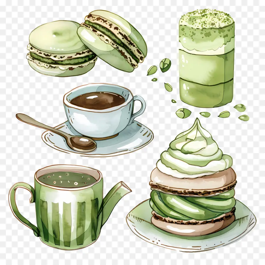 Makanan Penutup Matcha，Macaron Hijau Dan Kopi PNG