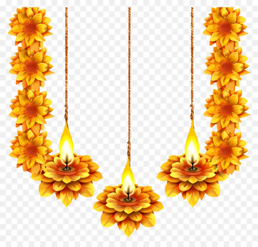 Karangan Bunga Marigold Diwali，Bunga Dan Lampu Kuning PNG