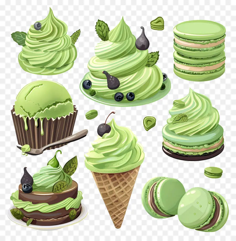 Makanan Penutup Matcha，Macaron Hijau Dan Es Krim PNG