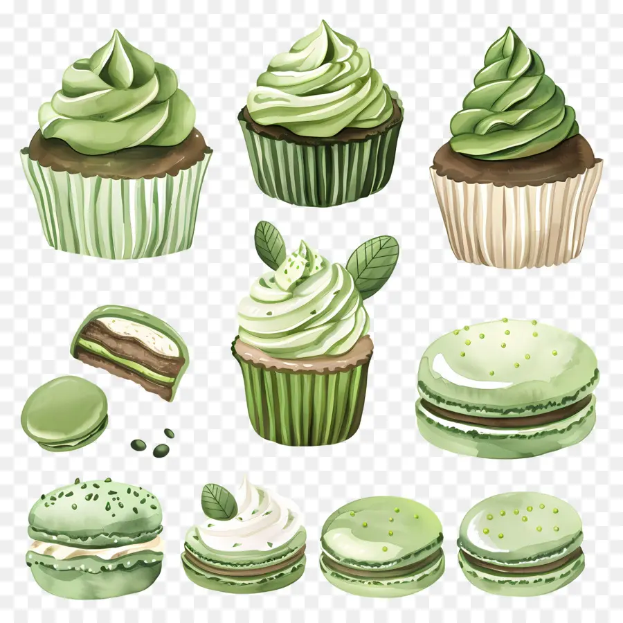 Makanan Penutup Matcha，Cupcake Hijau Dan Macaron PNG