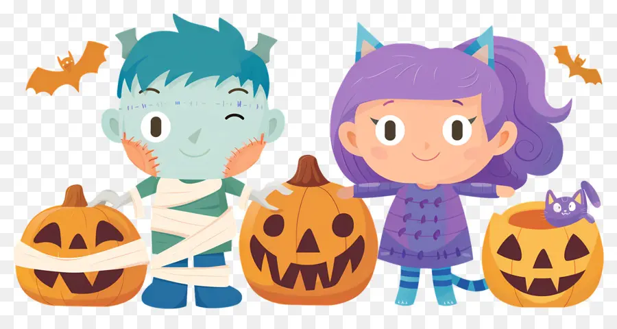 Anak Anak Halloween，Anak Anak Berkostum Halloween Dengan Labu PNG