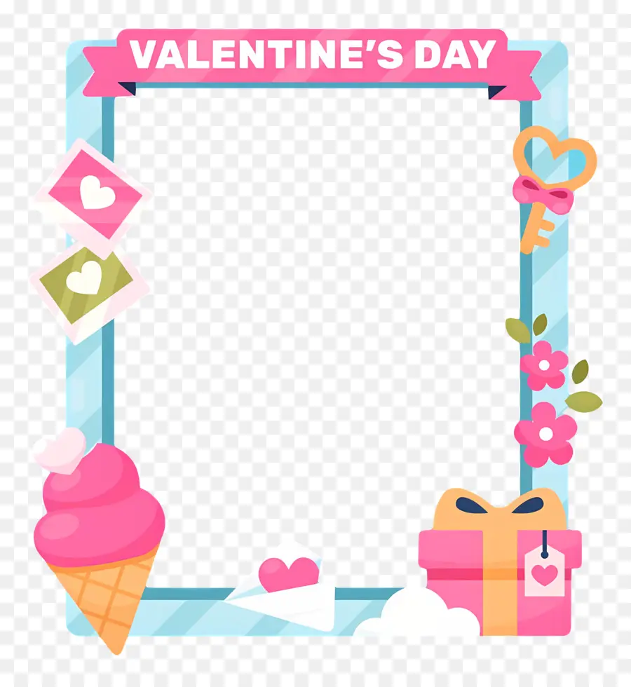 Bingkai Valentine，Bingkai Biru Dengan Dekorasi Valentine PNG