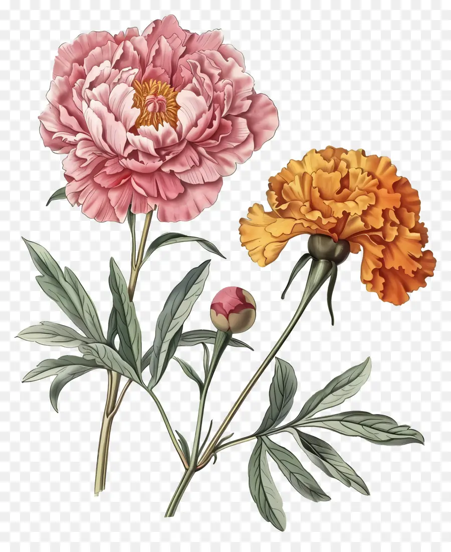 Bunga Antik，Bunga Peony Dan Marigold PNG