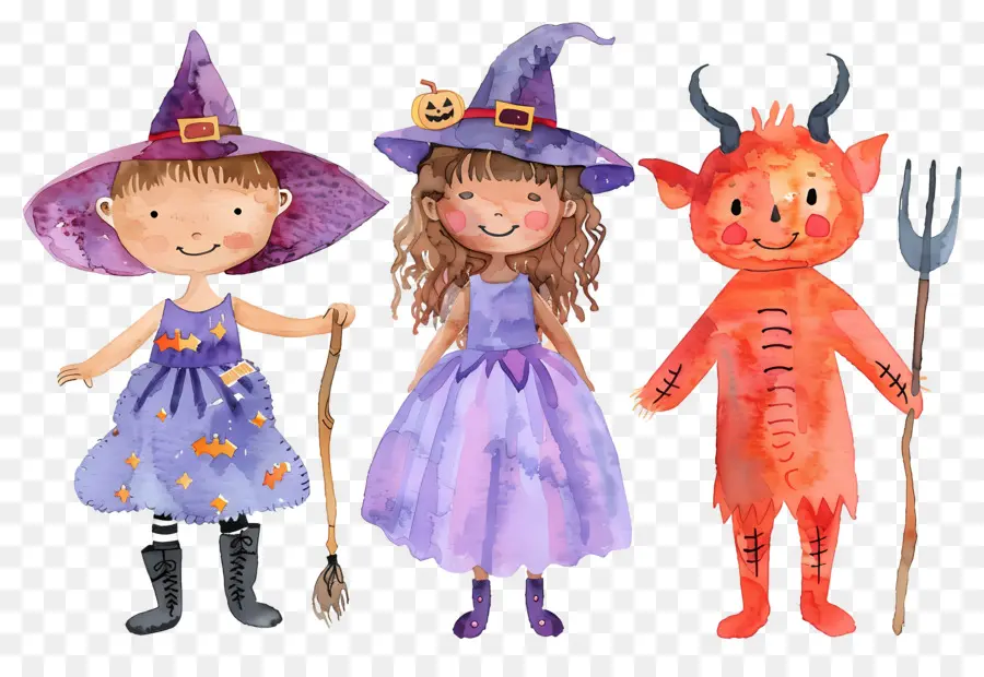 Anak Anak Halloween，Anak Anak Dengan Kostum Penyihir Dan Setan PNG