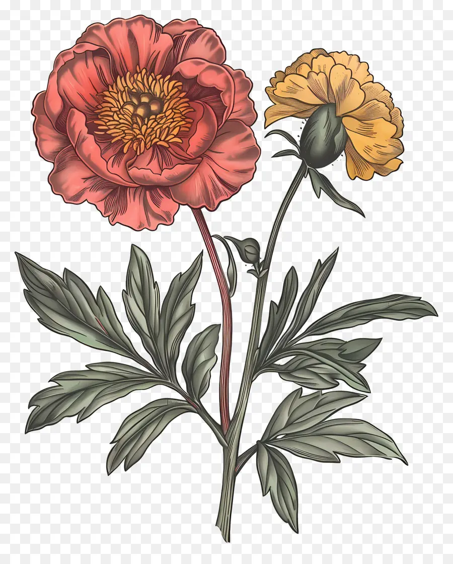 Bunga Antik，Bunga Peony Dan Marigold PNG