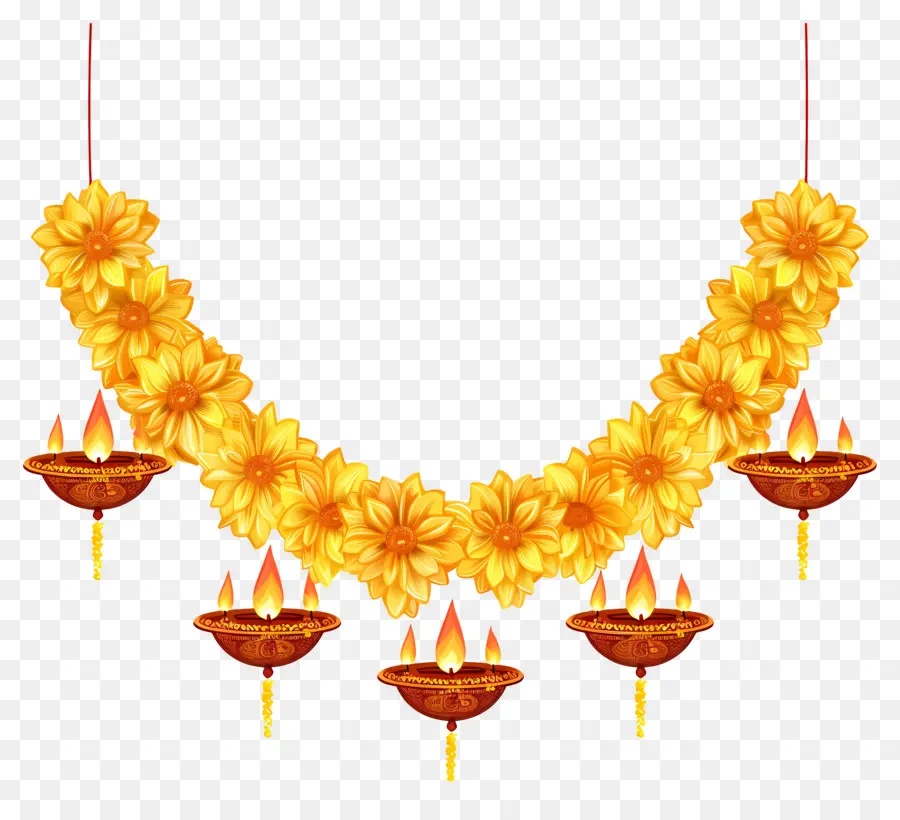 Karangan Bunga Marigold Diwali，Bunga Dan Lampu Kuning PNG