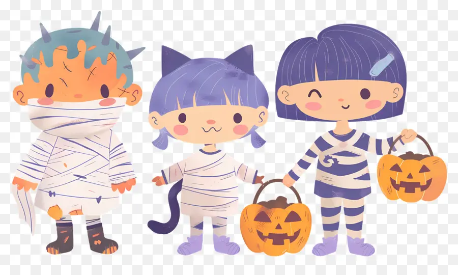 Anak Anak Halloween，Anak Anak Dengan Kostum Mumi Dan Kucing PNG