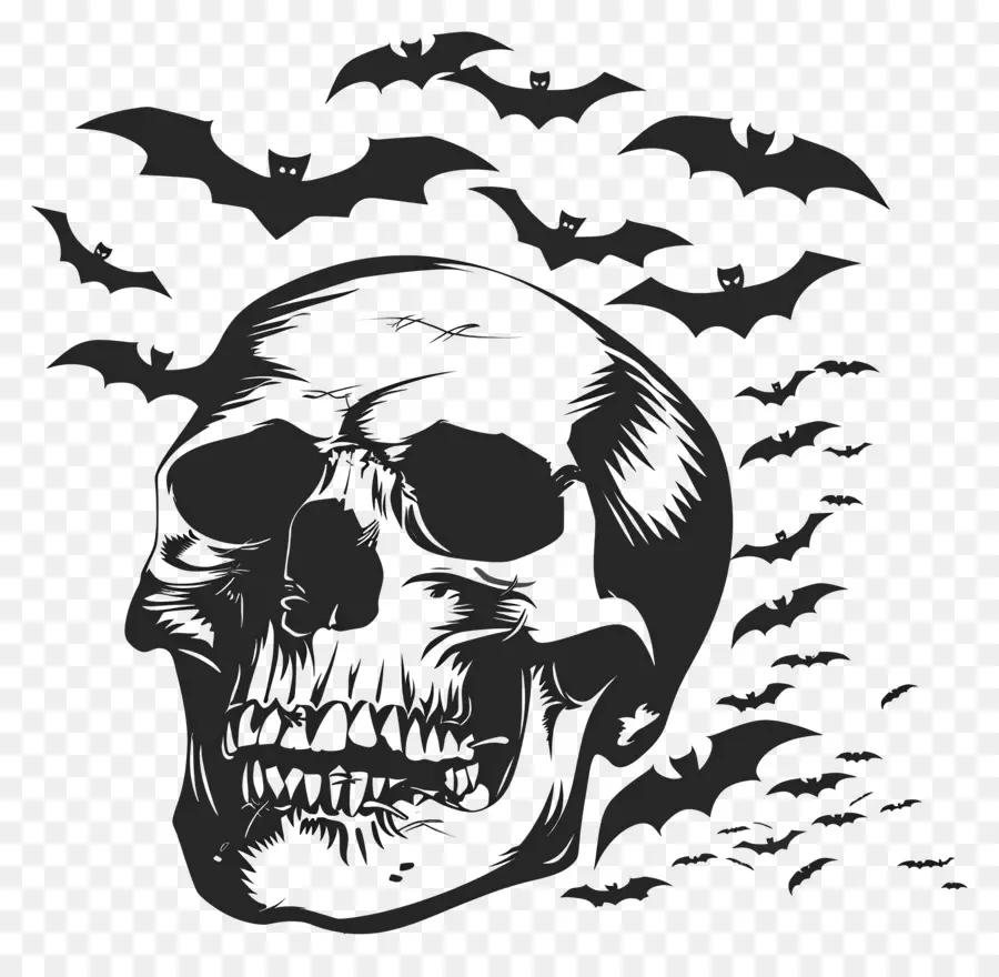 Siluet Halloween，Tengkorak Dan Kelelawar PNG