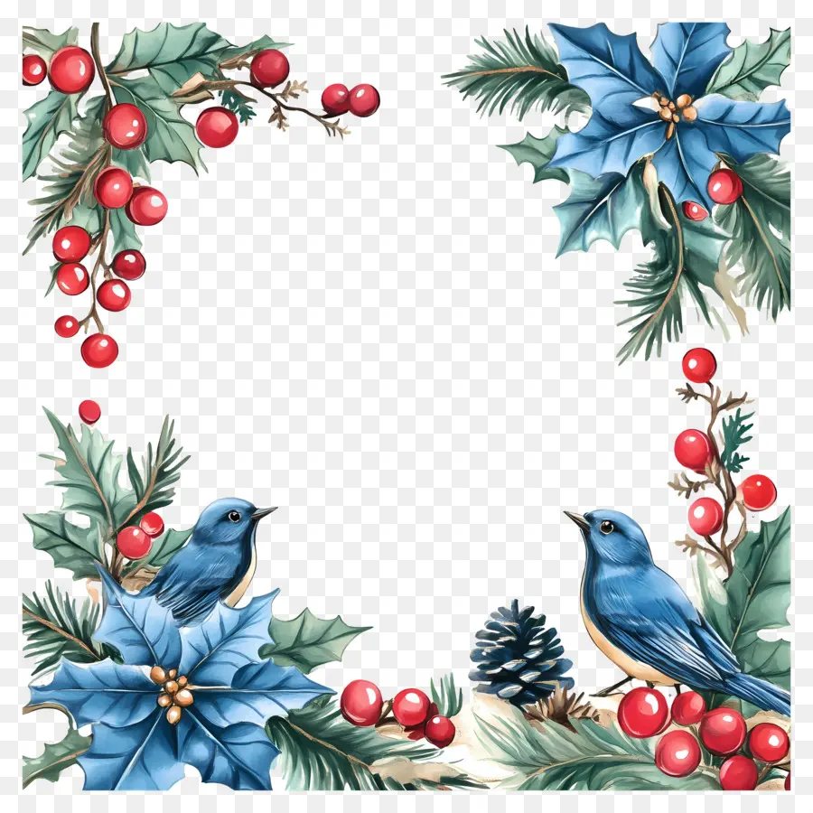 Bingkai Natal Biru，Burung Musim Dingin PNG