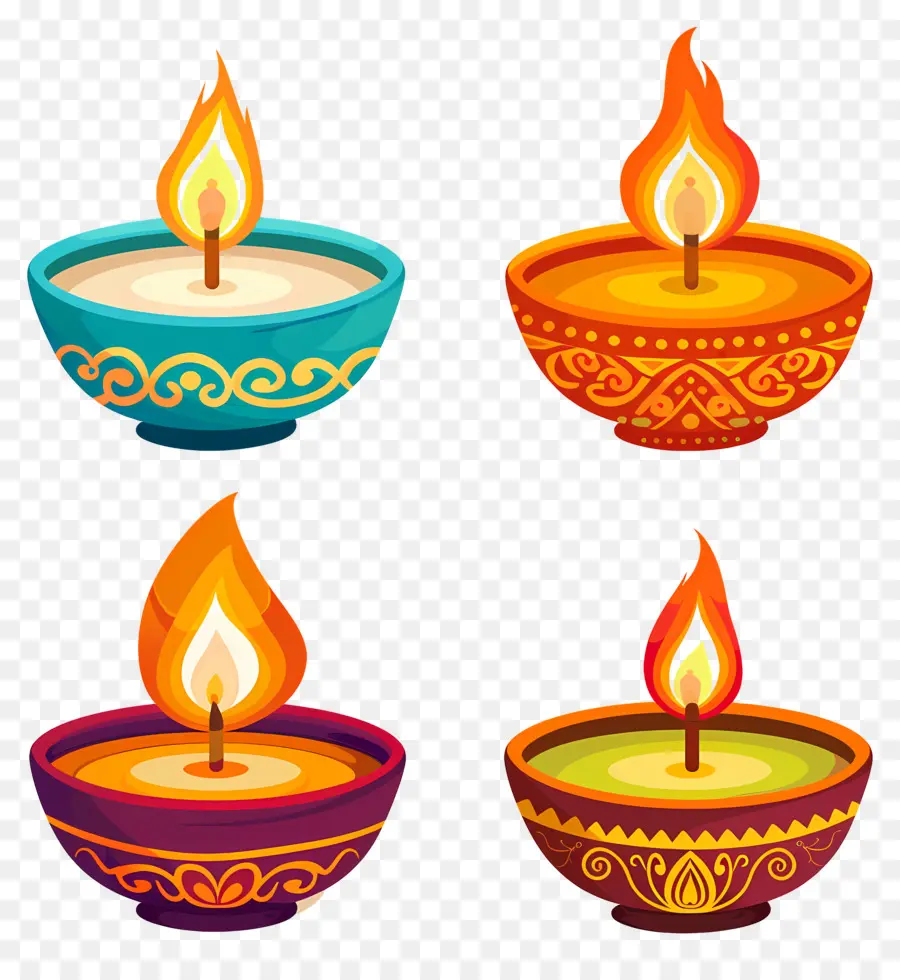 Lilin Diwali，Diya Berwarna Warni PNG