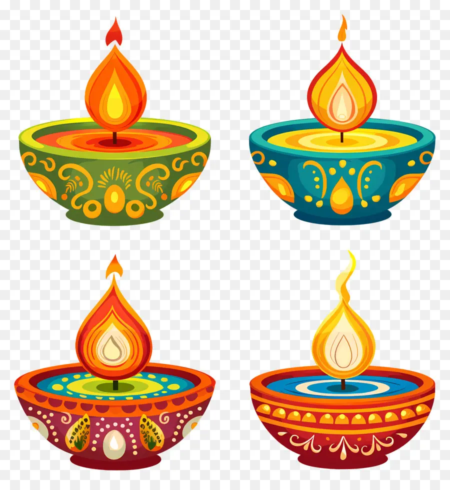 Lilin Diwali，Diya Berwarna Warni PNG