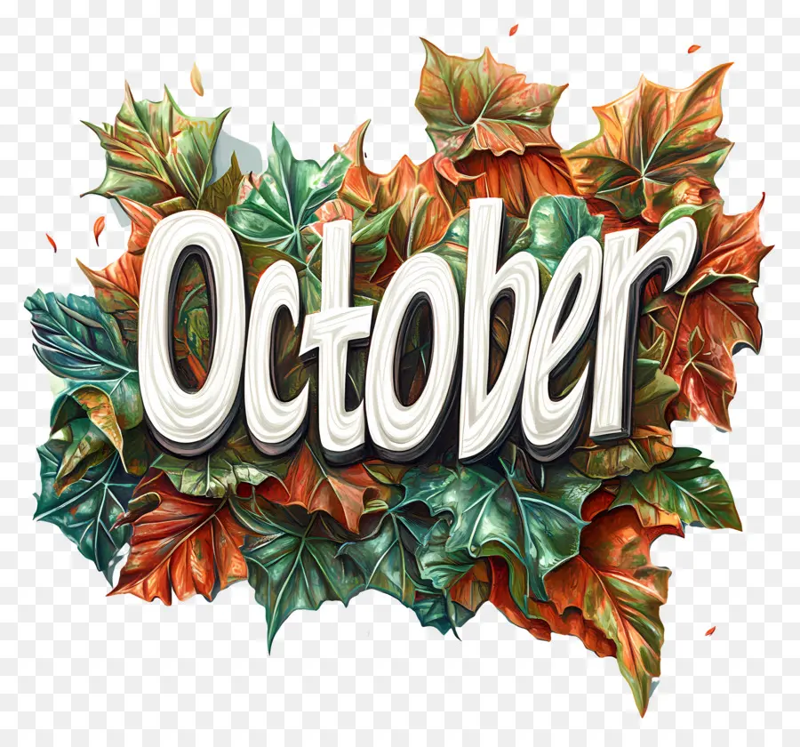 Oktober，Oktober Dengan Daun Abstrak Berwarna Warni PNG