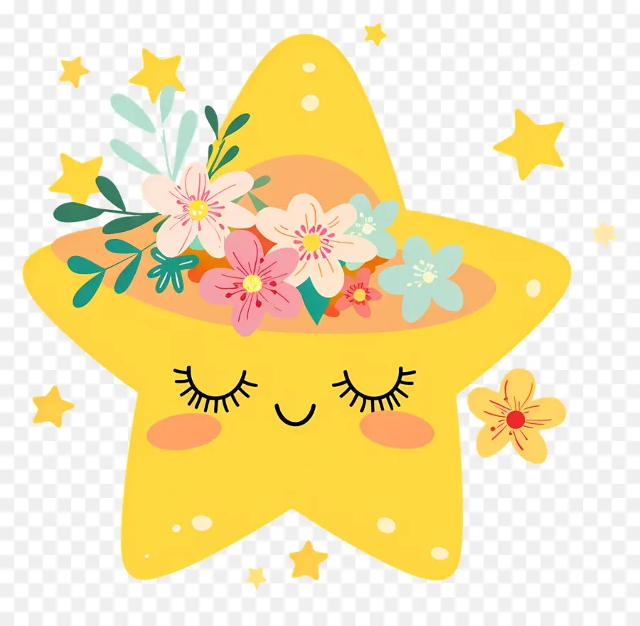 Bintang Kawaii，Bintang Kuning Dengan Bunga PNG