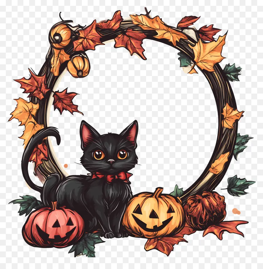 Bingkai Halloween，Kucing Hitam Dan Labu PNG