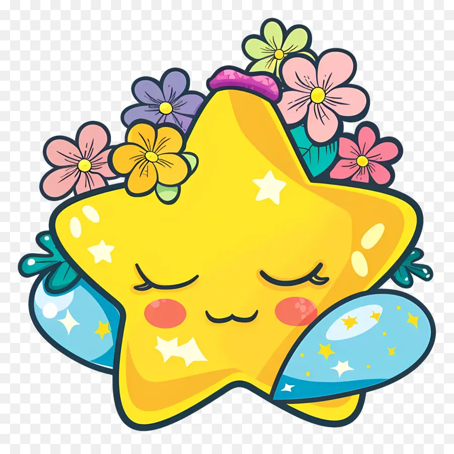 Bintang Kawaii，Bintang Kuning Dengan Bunga PNG