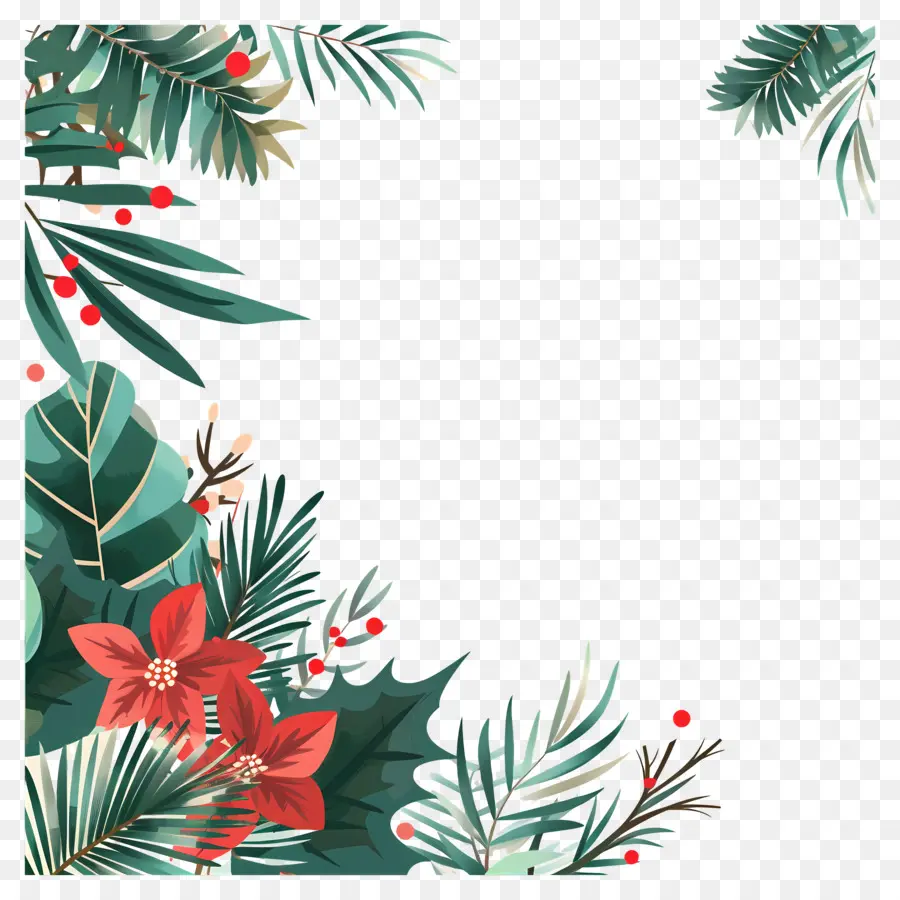 Pojok Natal，Poinsettia Dan Daun Hijau PNG