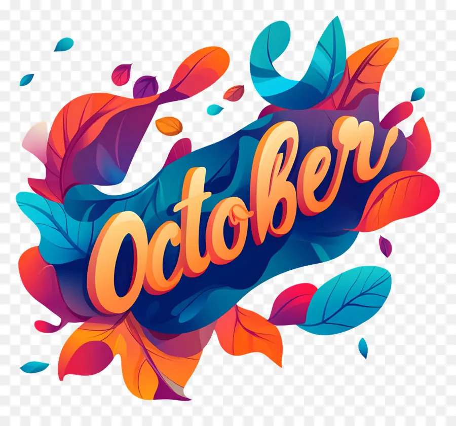 Oktober，Oktober Dengan Daun Abstrak Berwarna Warni PNG