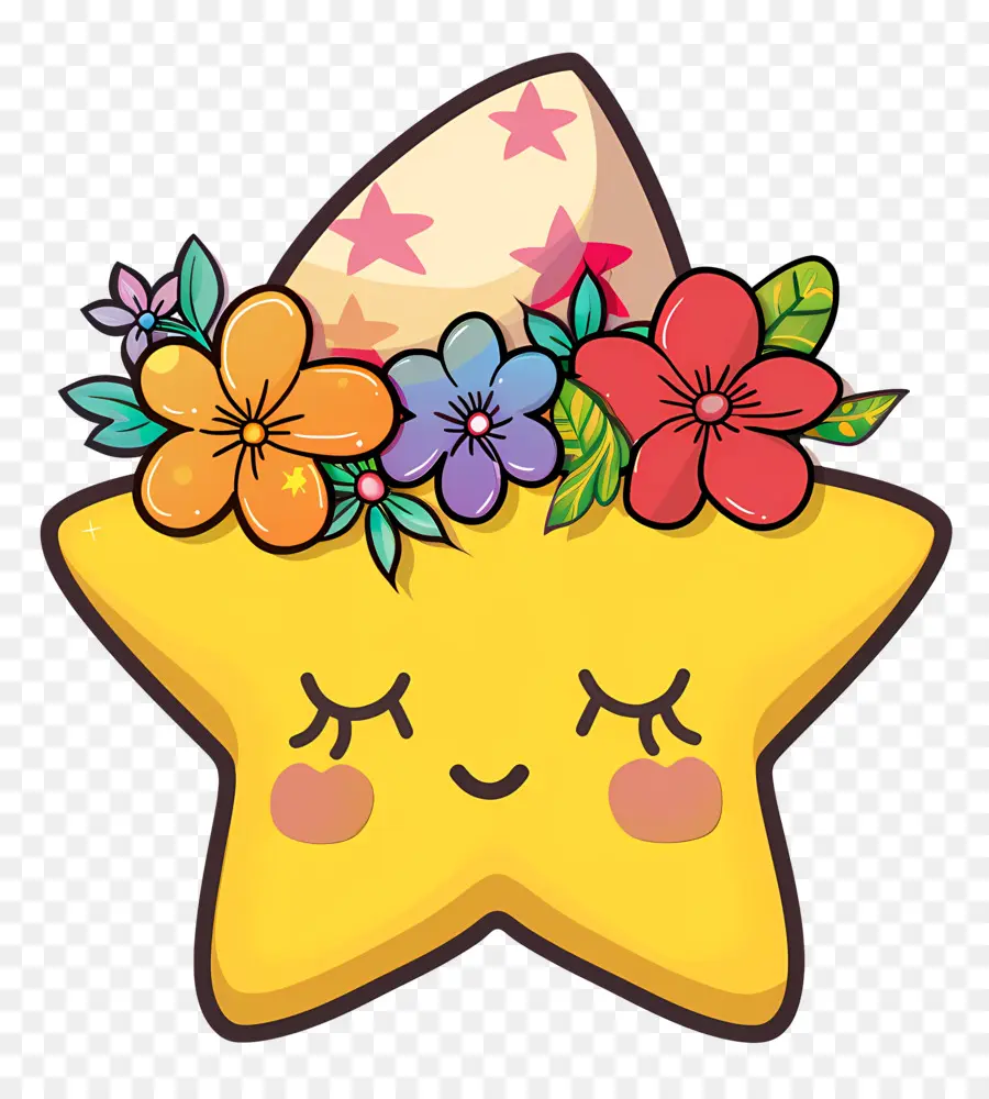 Bintang Kawaii，Bintang Kuning Dengan Bunga PNG