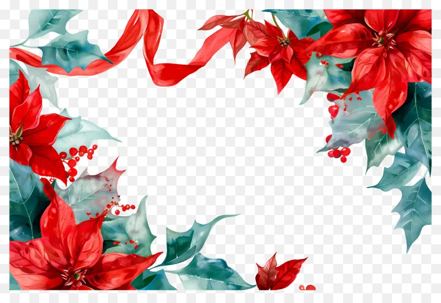 Pojok Natal，Poinsettia Dan Bingkai Pita PNG