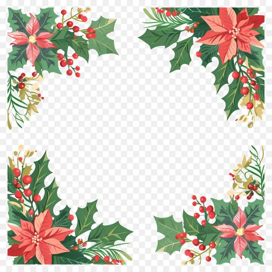 Bingkai Natal，Poinsettia Dan Holly PNG