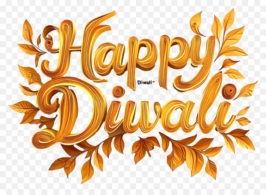 Selamat Diwali，Teks Happy Diwali Dengan Daun Emas PNG