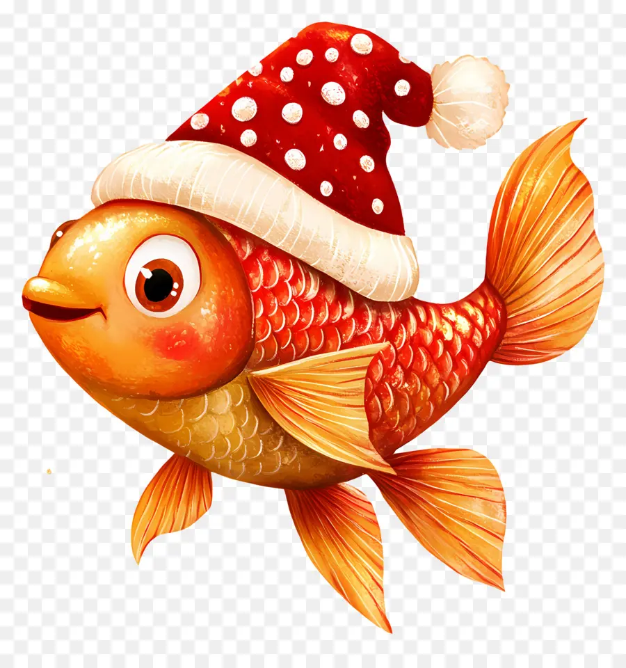 Ikan Natal，Ikan Merah Dengan Topi Santa PNG