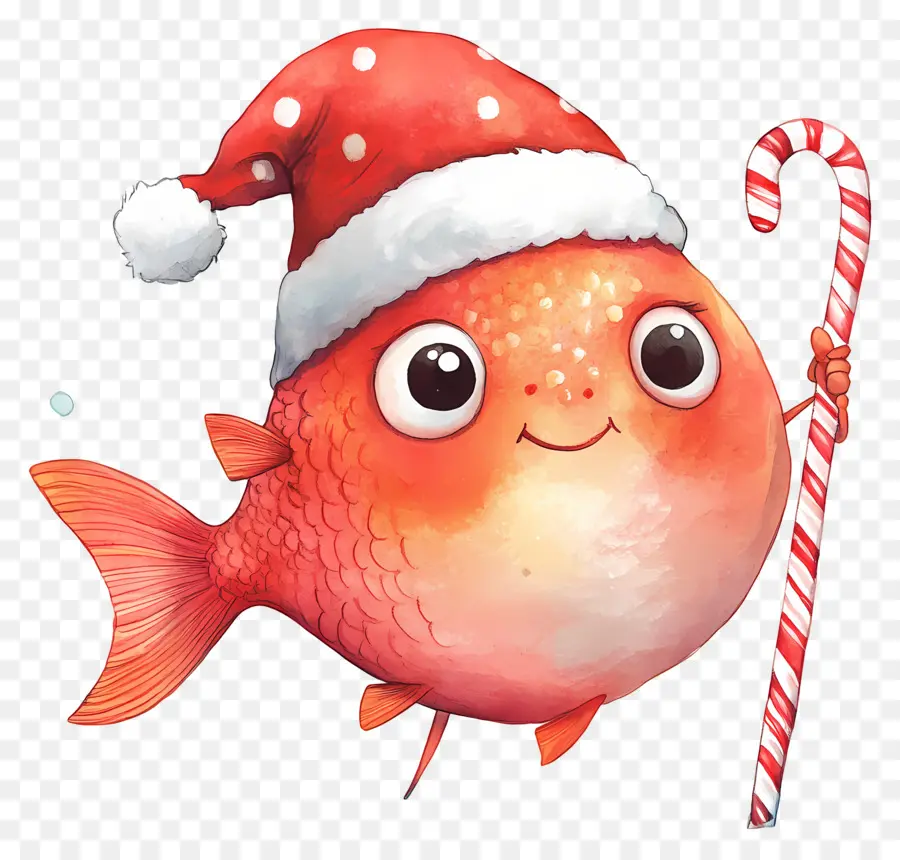 Ikan Natal，Ikan Oranye Dengan Santa Hat Dan Candy Cane PNG