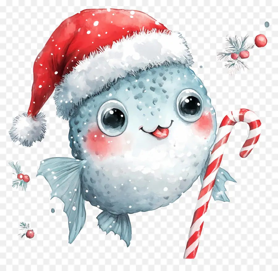 Ikan Natal，Ikan Biru Dengan Santa Hat Dan Candy Cane PNG