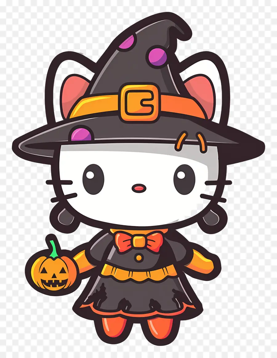 Halo Kitty Halloween，Kucing Dengan Kostum Penyihir PNG