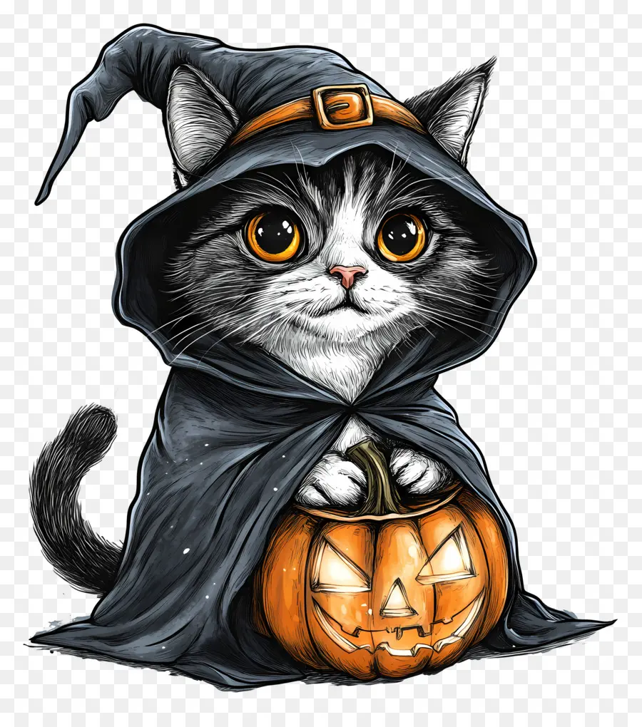 Kucing Halloween，Kucing Berjubah Hitam Dan Oranye PNG