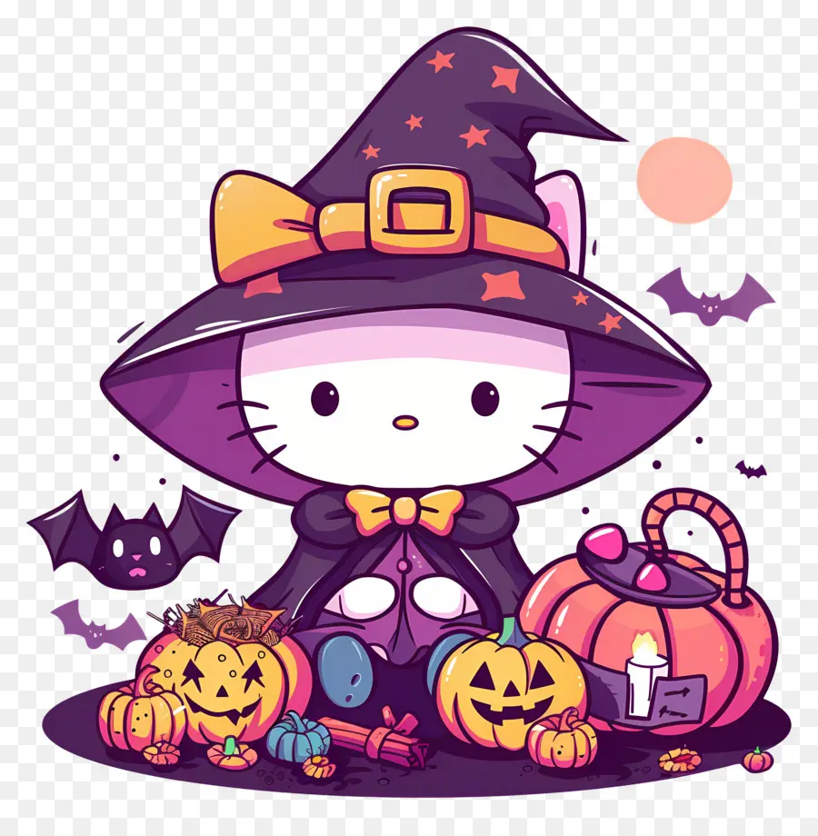 Halo Kitty Halloween，Penyihir Kucing Kartun PNG