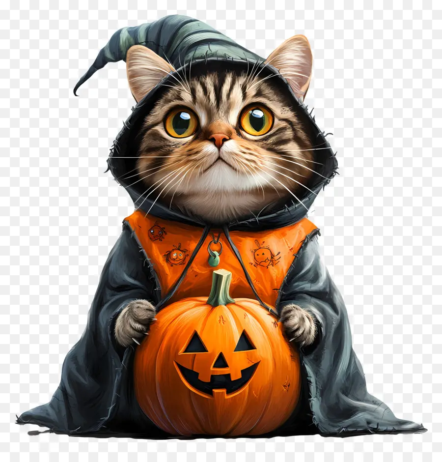 Kucing Halloween，Kucing Berjubah Hitam Dan Oranye PNG