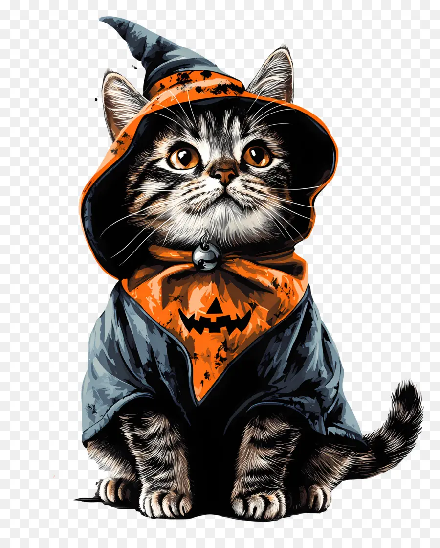 Kucing Halloween，Kucing Berjubah Hitam Dan Oranye PNG