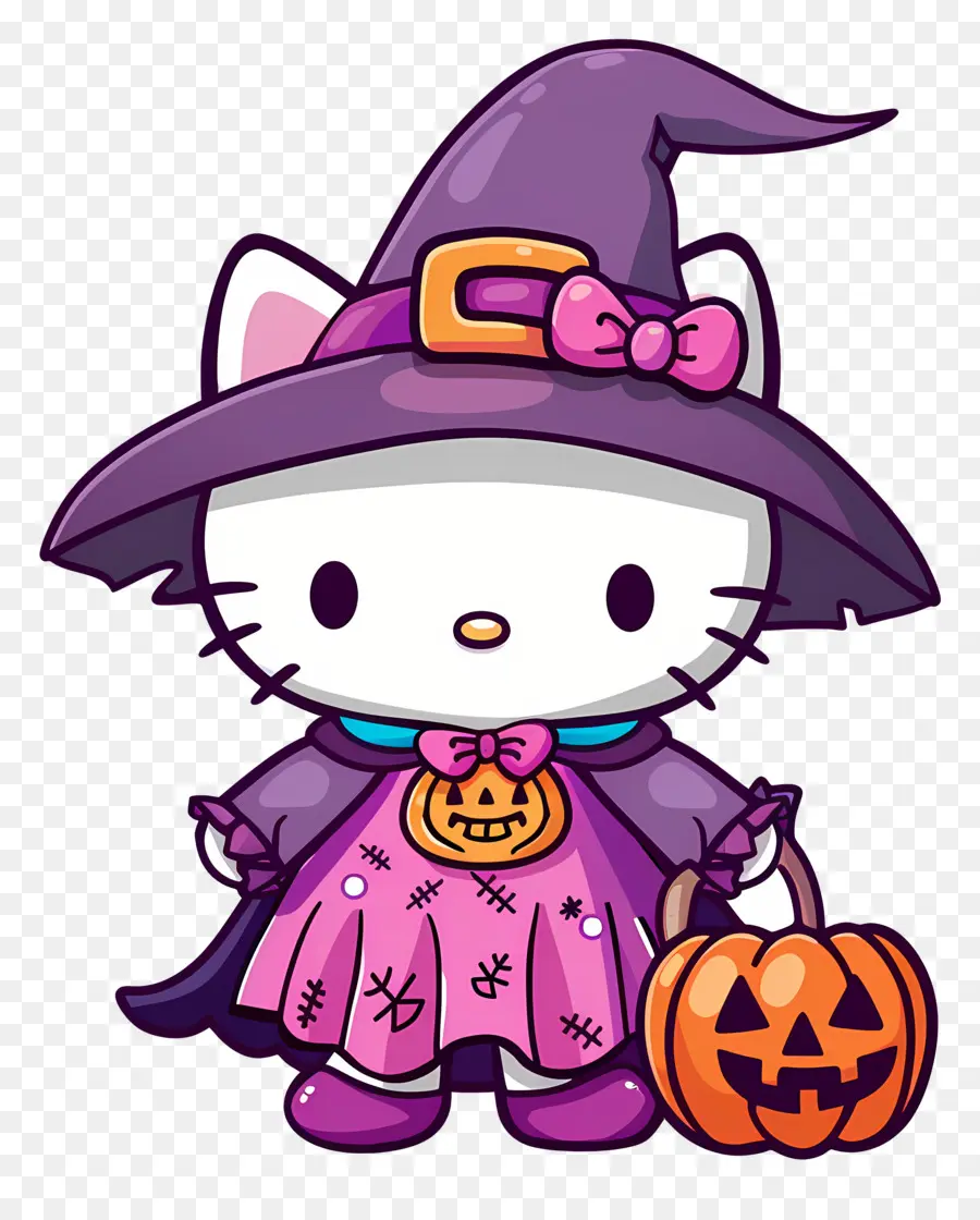 Halo Kitty Halloween，Kucing Dengan Kostum Penyihir PNG