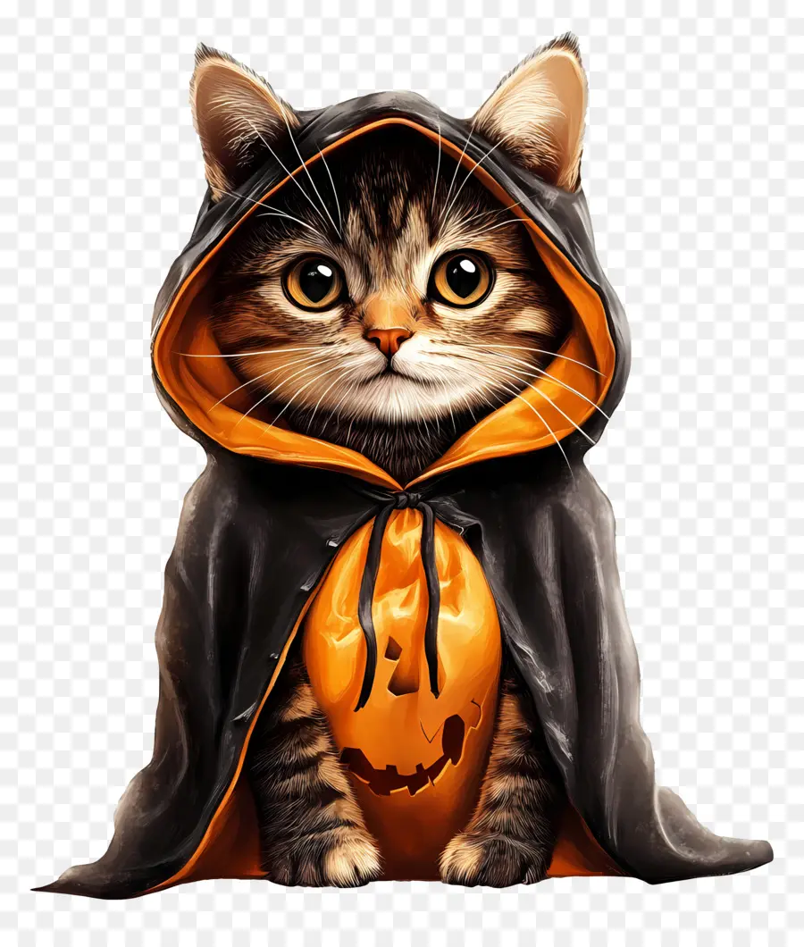 Kucing Halloween，Kucing Berjubah Hitam Dan Oranye PNG