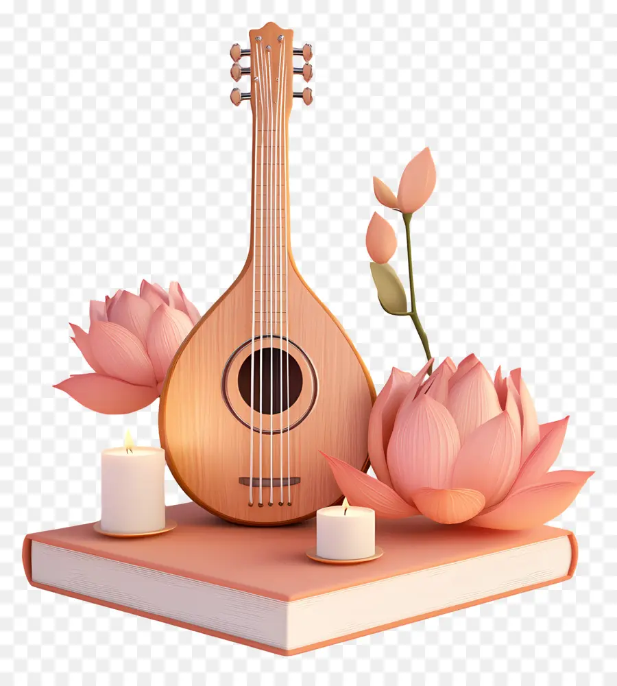 Saraswati Puja，Mandolin Dengan Bunga PNG