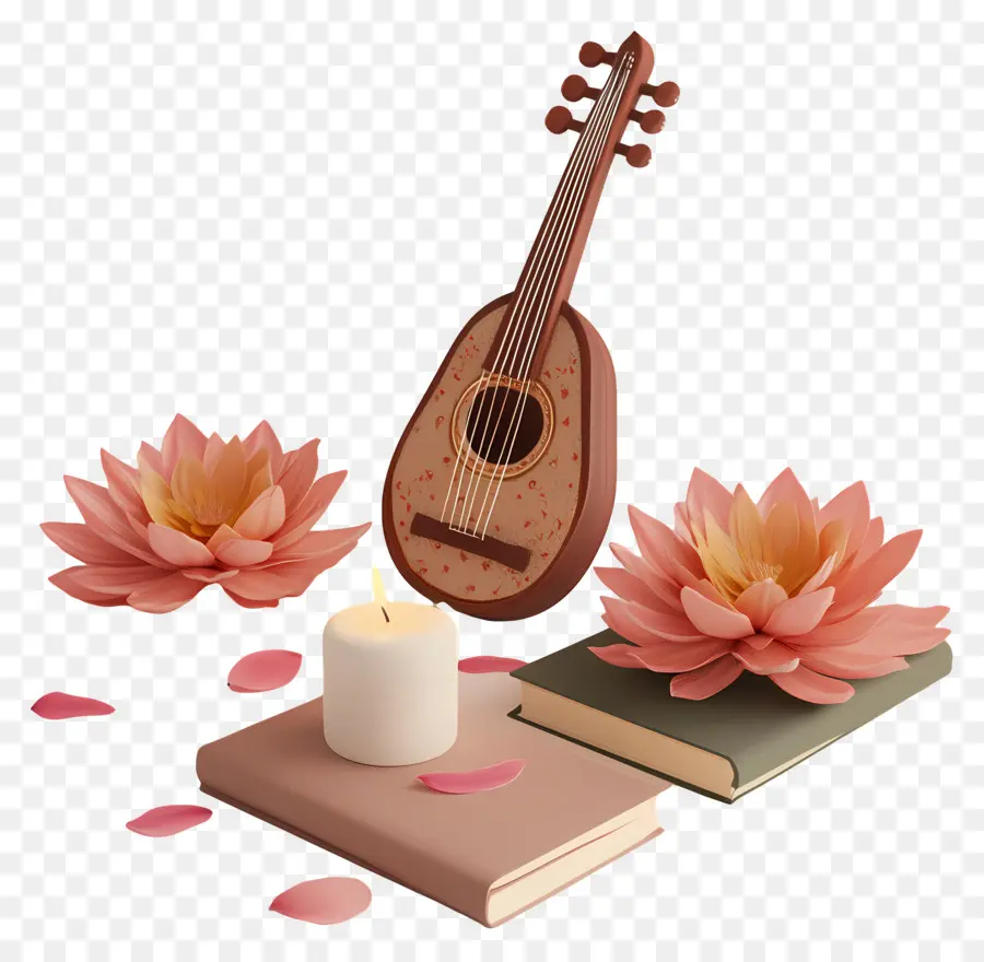 Saraswati Puja，Mandolin Dengan Bunga PNG