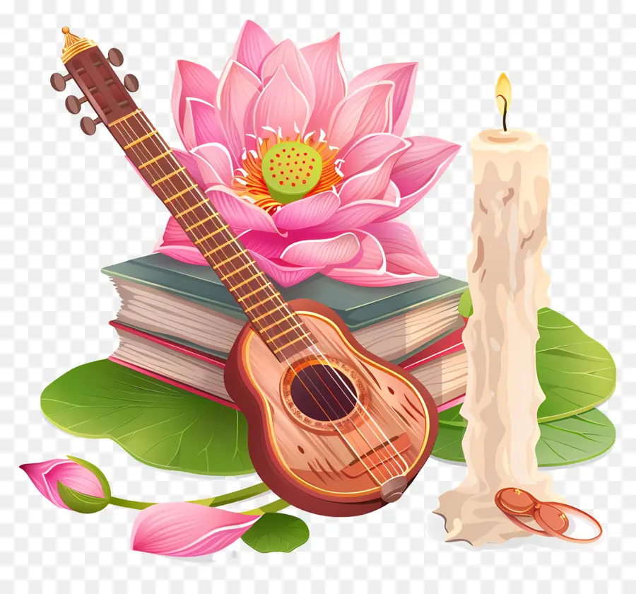 Saraswati Puja，Gitar Dan Teratai PNG