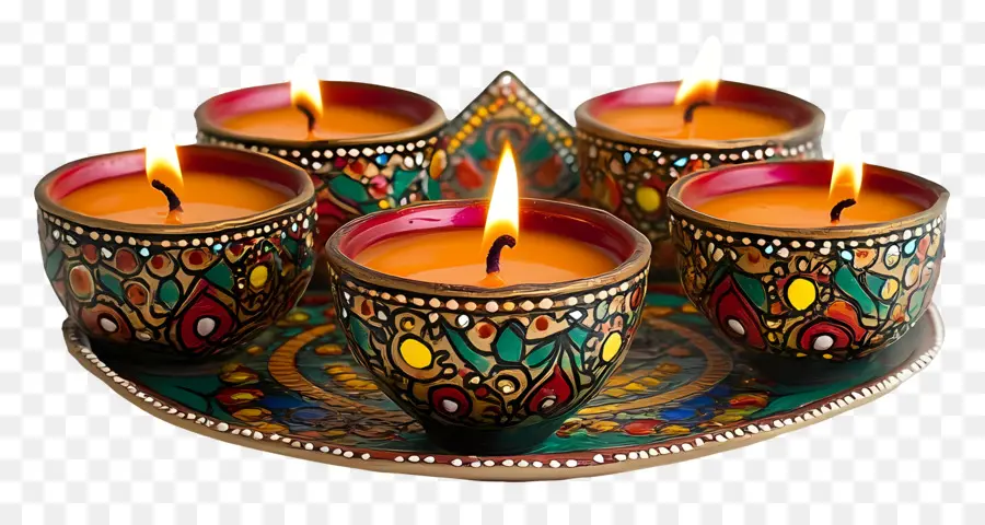 Deepavali，Set Diya Berwarna Warni PNG